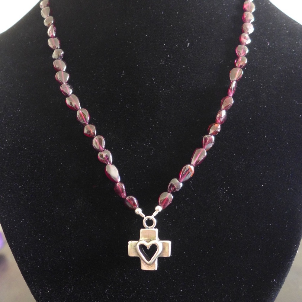 Natural Garnet and Sterling Silver Heart Cross Necklace 18" - NWOT